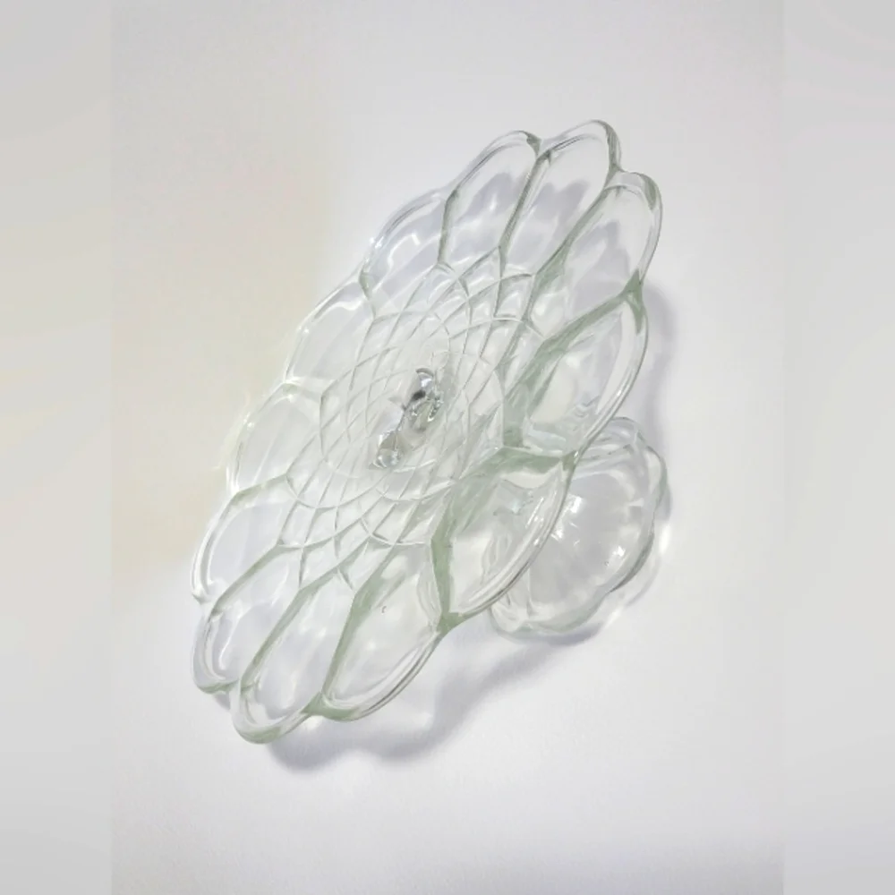 Vintage Pedestal Cake Stand L E Smith Dominion Clear Glass Scalloped Edge Design